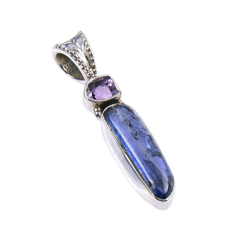 Natural Kyanite, Pink Amethyst 925 Solid Sterling Silver Pendant 1.25'' o0T54
