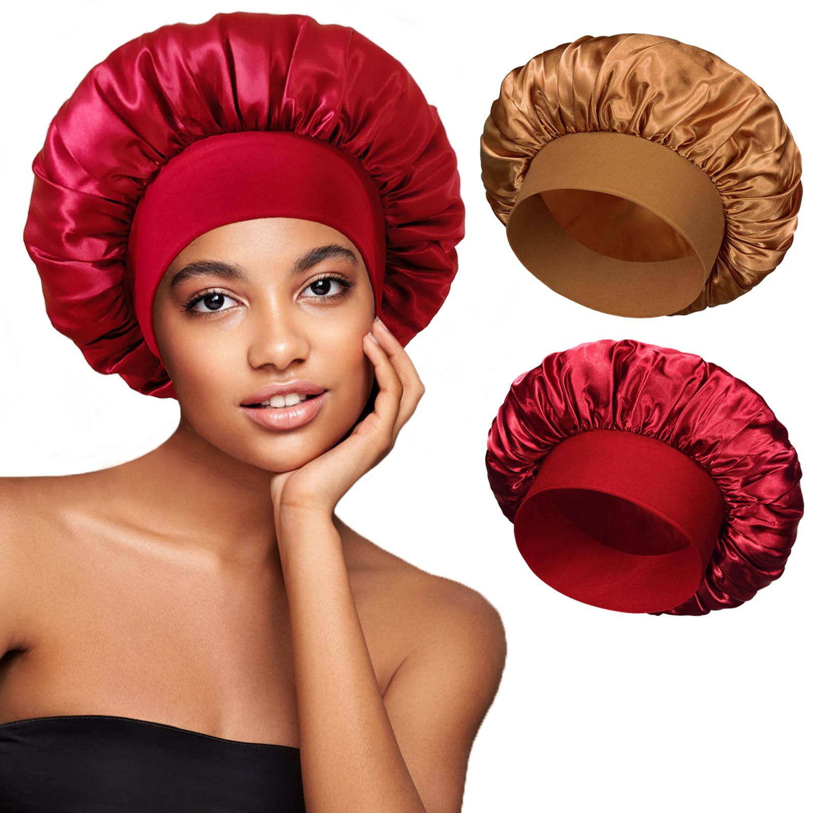 

vidsel Satin Bonnets Silk Hair Bonnet for Wide Soft Large Silky Sleep Cap for Curly Hair Braids Women s (2 Pieces), Sleeping, Band,