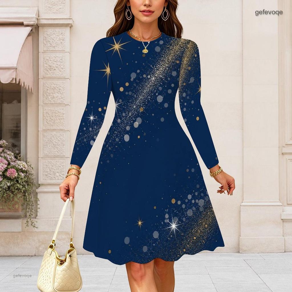 Women Plus Size Round Neck Long Sleeve Midi Dress Geometric Glitter Star Burst Print High Waist Swing Dress