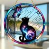 Galaxy Cat & Butterfly Sun Catcher. Painted glass decor for garden, office, room. Ideal gift.