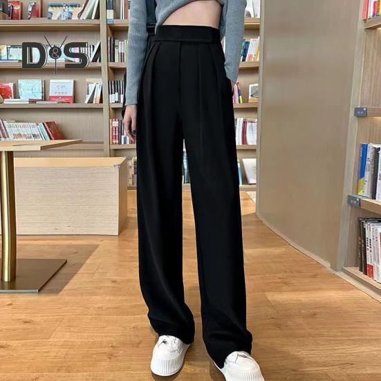 Women Suit Pants Straight Wide Leg Loose High Waist Solid Color Formal OL Commute Full Length Fasten Tape Adjustable Waist Lady Formal Trousers