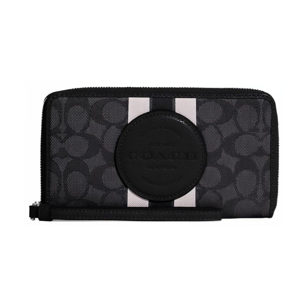 Coach Dempsey 18 Round Logo Stripe Jacquard Pebble Leather Wallet Women Wallet Black C9073-SVRT6