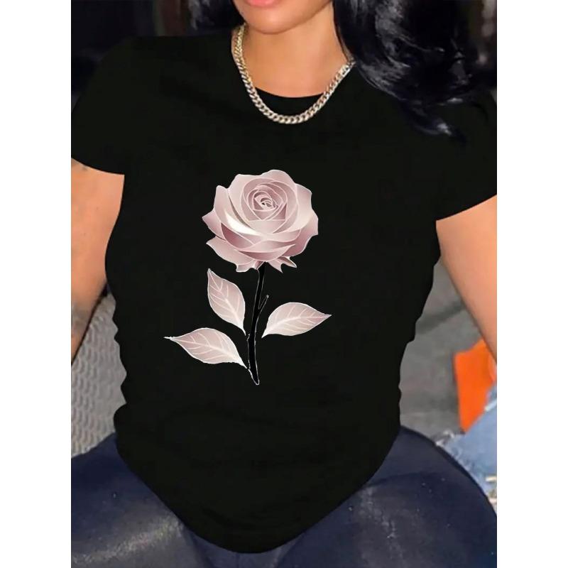 Womens Pink Rose T Shirt Comfortable Crew Neck Casual Short Sleeve Soft Breathable Summer Spring Streetwear Top