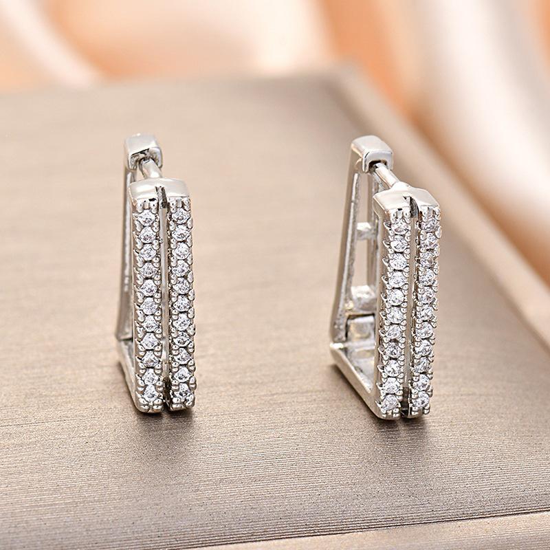 European Chic Rectangle Copper Earrings with Zirconia, Versatile Fashion Ear Cuffs