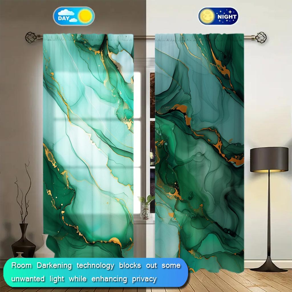2pcs Green Marble Watercolor Pattern Printed Curtain for Home Decor - Rod Pocket Window Treatment for Bedroom   Office   Kitchen