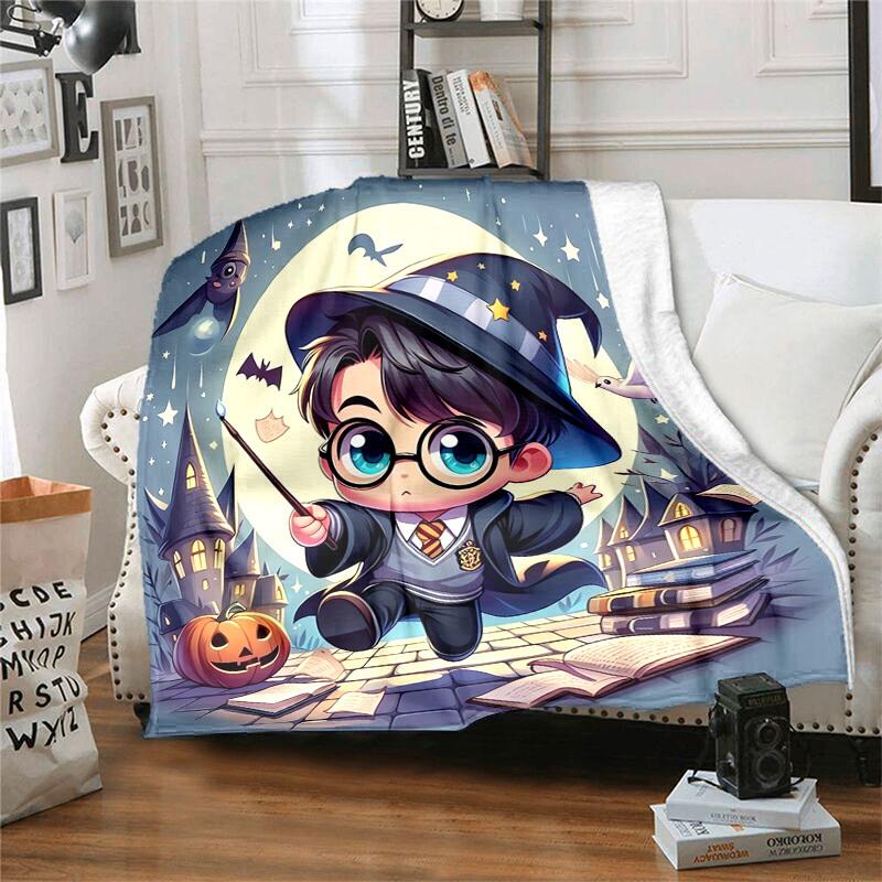 1pc Chibi Wizard with Pumpkin and Books Cartoon Blanket,Portable Throw for Travel & Camping, All Season Cozy Blanket,Ideal Gift