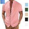 Men Vintage Button Stand Collar Short Sleeve Casual Cotton Summer Shirt