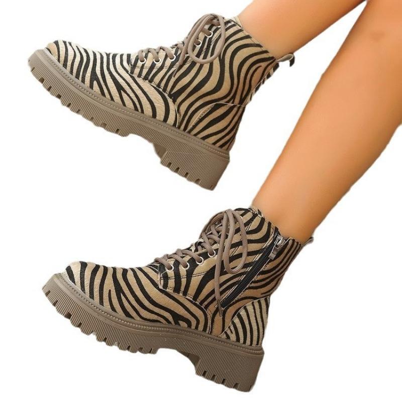 Autumn and Winter Round Head Platform Leopard Print Fashion Martin Boots Locomotive Boots Women's Large Size