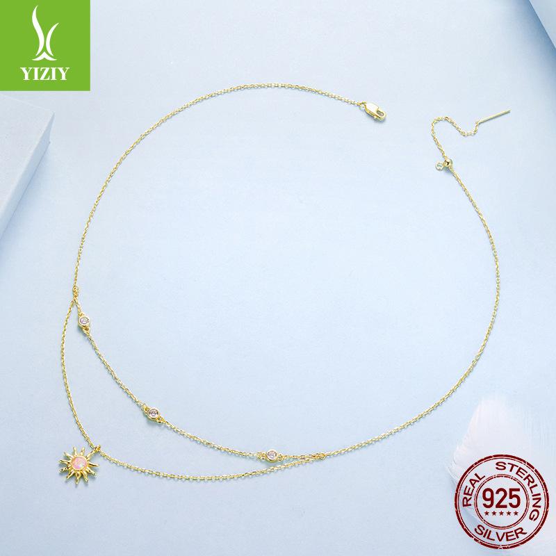 S925 Silver-Plated Gold Opal Sun Double-Layer Necklace, Personal Cold Wind Double-Layer Collarbone Chain