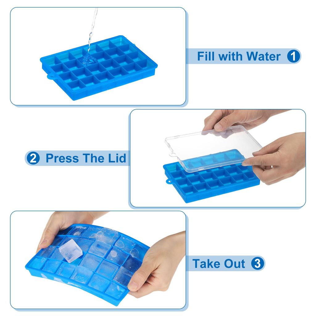 uxcell Silicone Square Ice Cube Tray with Lid, Ice Cube Mold for Freezer, Coffee Bartender Accessories, Light Blue, 24 Grids, 4 Pieces