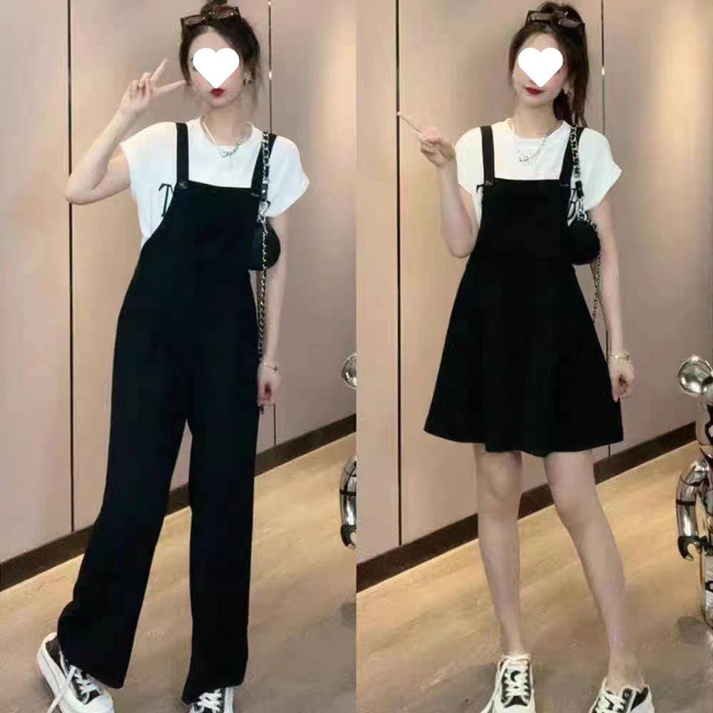 Trendy Black Straight-Leg Draping Suspender Pants for Women - Slimming, Versatile, Casual Summer Style