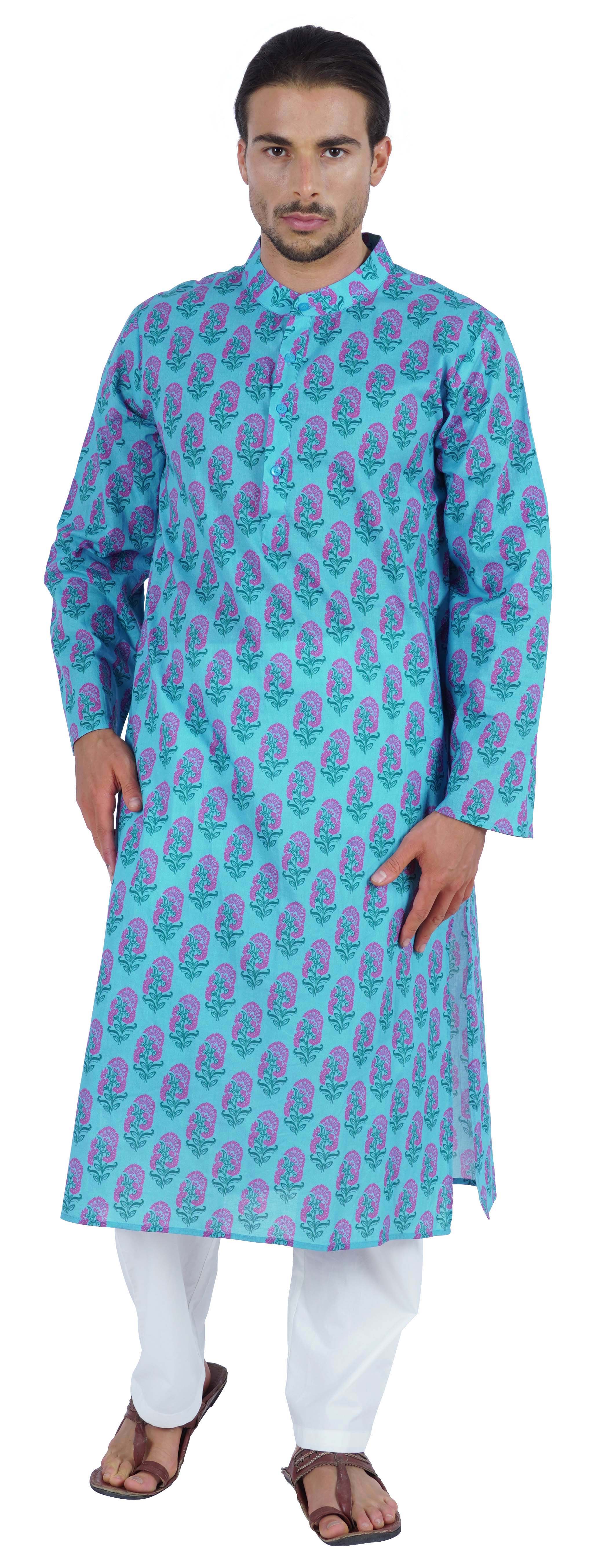 

Atasi Мандариновий комір Kurta для чоловіків з бавовняним принтом з довгими рукавами в етнічному стилі XXL чирок синього кольору