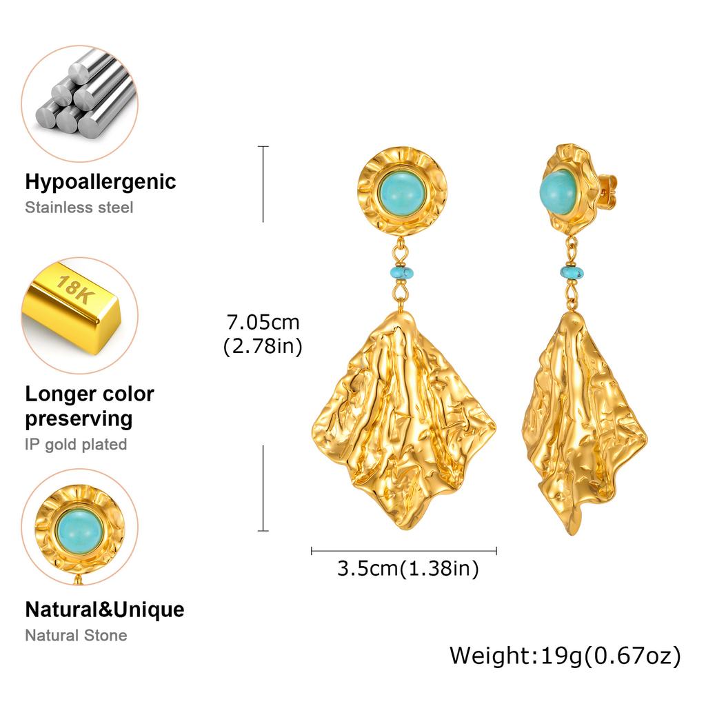 Vintage Drop Earrings 18K Gold Plated Stainless Steel Irregular Geometric Hammered Turquoise Dangle Ear Jewelry One Pair