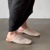 Sheepskin version of the new woven hollow bag head half slippers women's summer wear flat bottom square head fashion lazy cool slippers