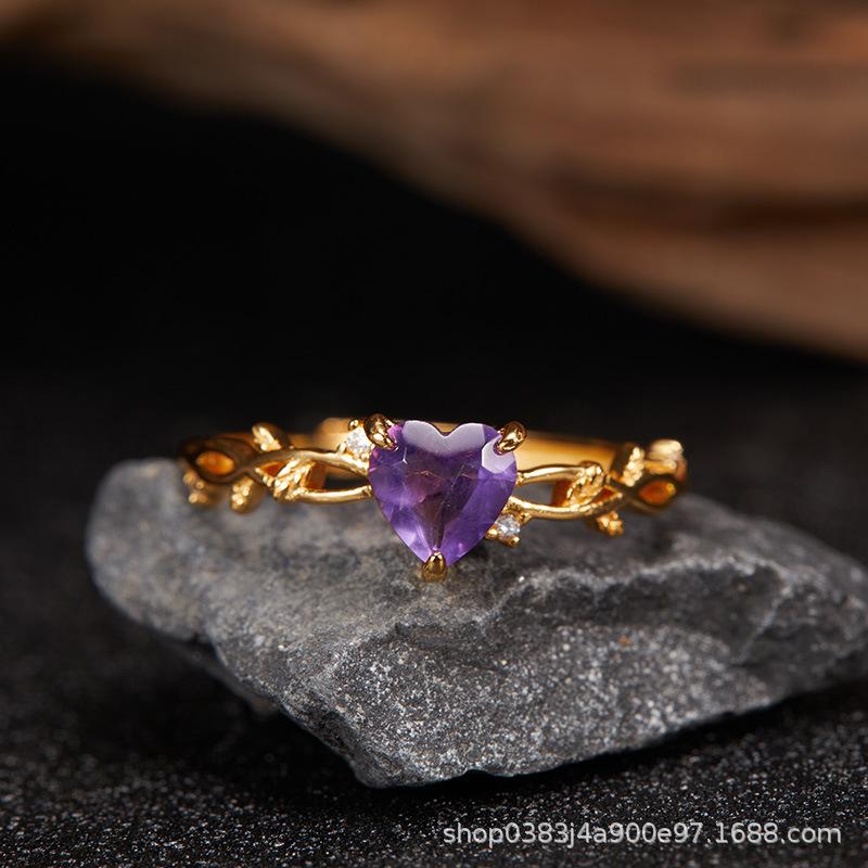 Non-Fading High-End S925 Sterling Silver 18K Gold Natural Amethyst Lucky Treasure Ring Women'S Simple Jewelry