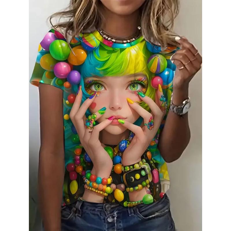 Fashion Women's Crew Neck T-Shirt Crew Neck Short Sleeve 3D Color Printing Tops Daily Wear