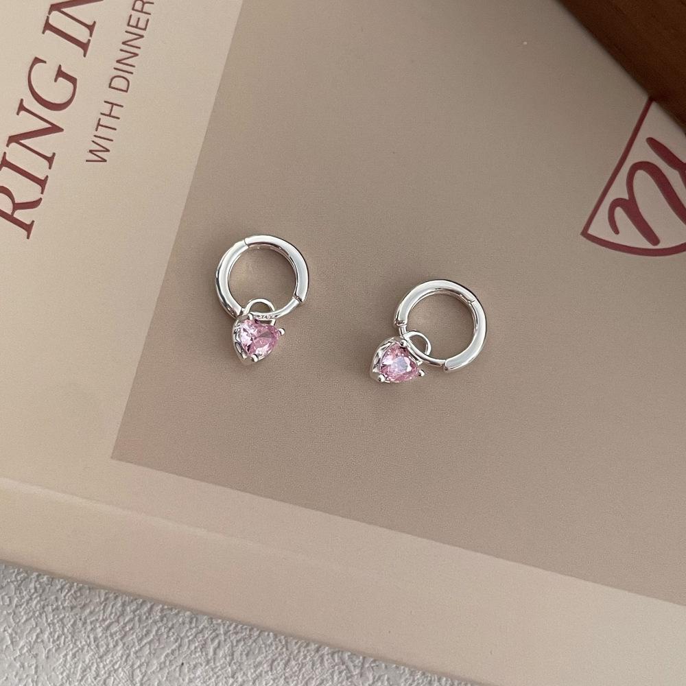S999 Sterling Silver Pink Heart Zircon Pendant Earrings for Women - Simple Exquisite Design