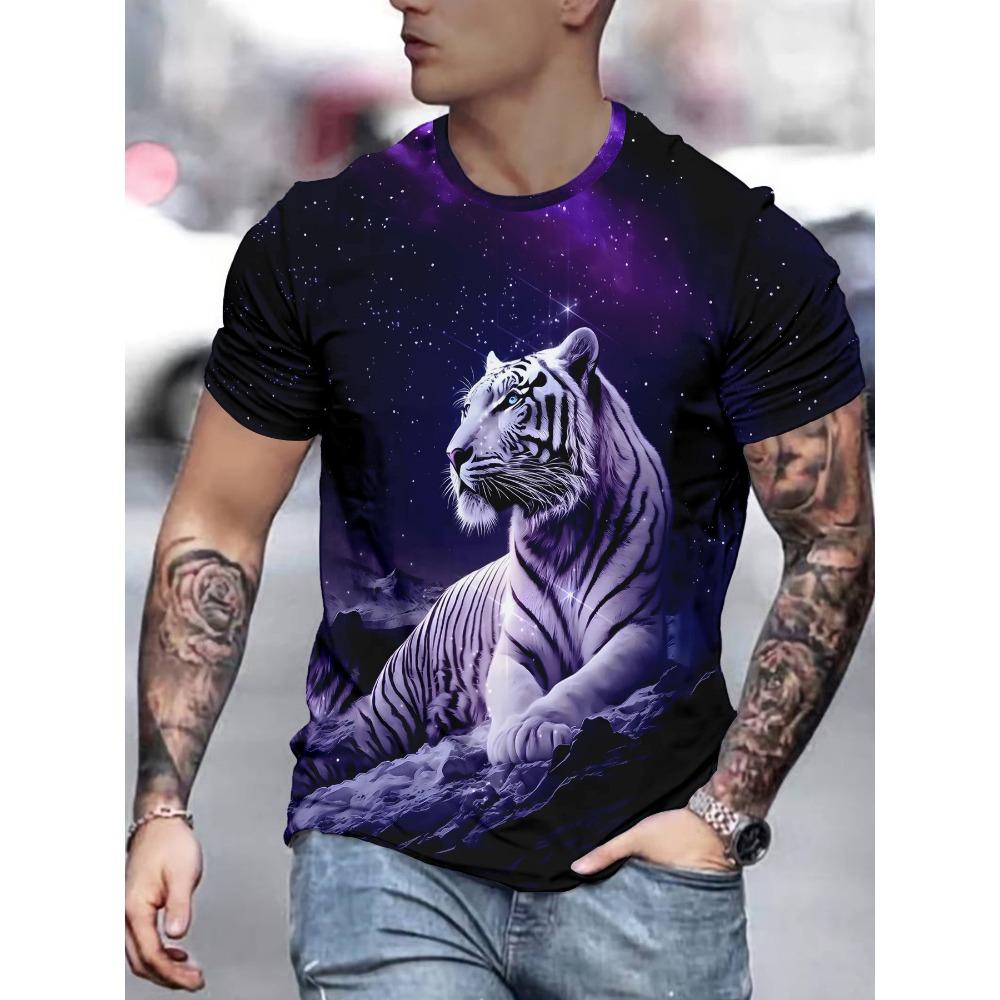 2026 Mens 3D Tiger Printed Short Sleeve Crew Neck T-Shirt Breathable Stretch Casual Fashion Tee Outdoor Party Weekend Wear Tops