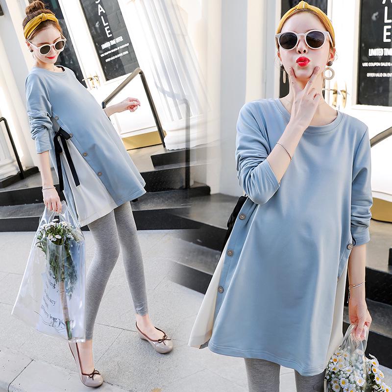 Women s O Neck Long Sleeve Midi Maternity Dress Loose Fit Korean Color Block A Line Dress M