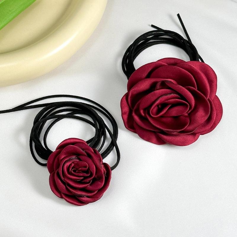 Y2K Adjustable Rope Necklaces with Big/Small Rose Pendant Charm, Fashionable Gothic Clavicle Chain Trendy Neckwear Gift