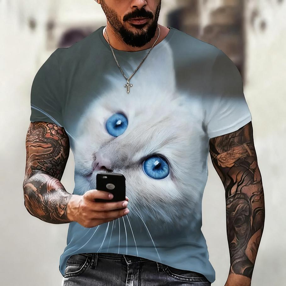Summer Round Neck Animal Cat Pattern 3D Print Top Fashionable Casual Short Sleeved Men's T-shirts