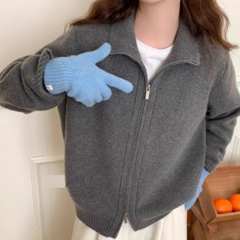 Modischer Strickmantel mit Stehkragen und Doppelreißverschluss für Damen, einfarbig, lässiger Strickcardigan im koreanischen Stil, Herbst Winter Pullover