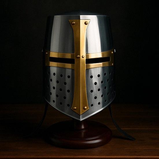 Crusader Great Helm Medieval Knight Helmet Templar with Brass Cross 18 Gauge Steel Armor LARP Cosplay Collectible