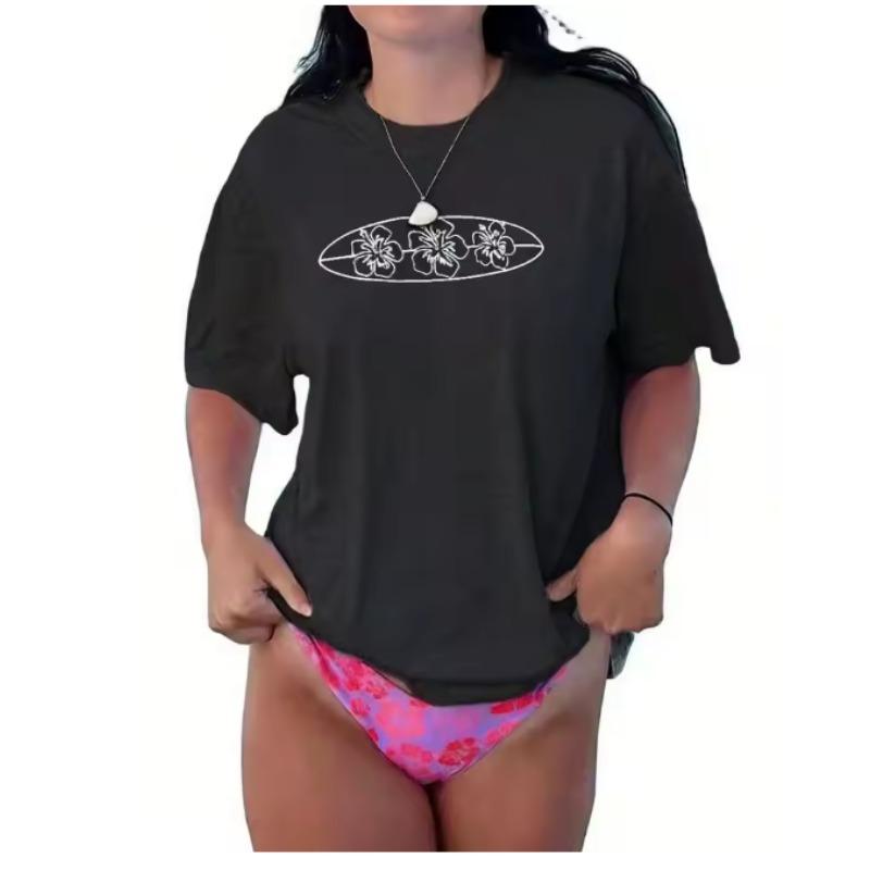 

Oversized Graphic TShirt with Floral Surfboard Print Loose Fit Summer Tee for Women Oversized T Shirt Y2k Clothes S