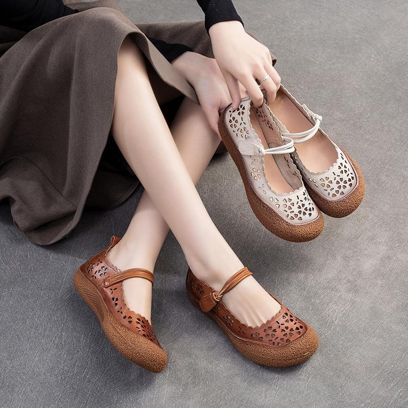 2026 Summer Retro Hollow Out First Layer Cowhide Comfortable Roman Sandals Women Shoes