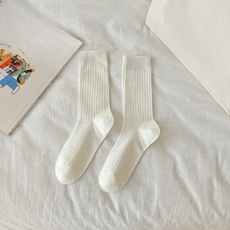 Female Summer Thin Simple Pure Color All Build Vertical Bar Wicking High Tube Cotton Socks