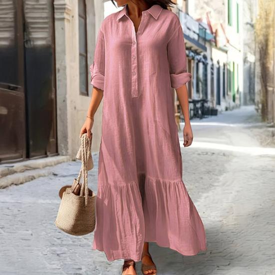 Vestido Camisa de Algodão Linho Feminino Manga Longa Decote V Botões Vestido Maxi Casual