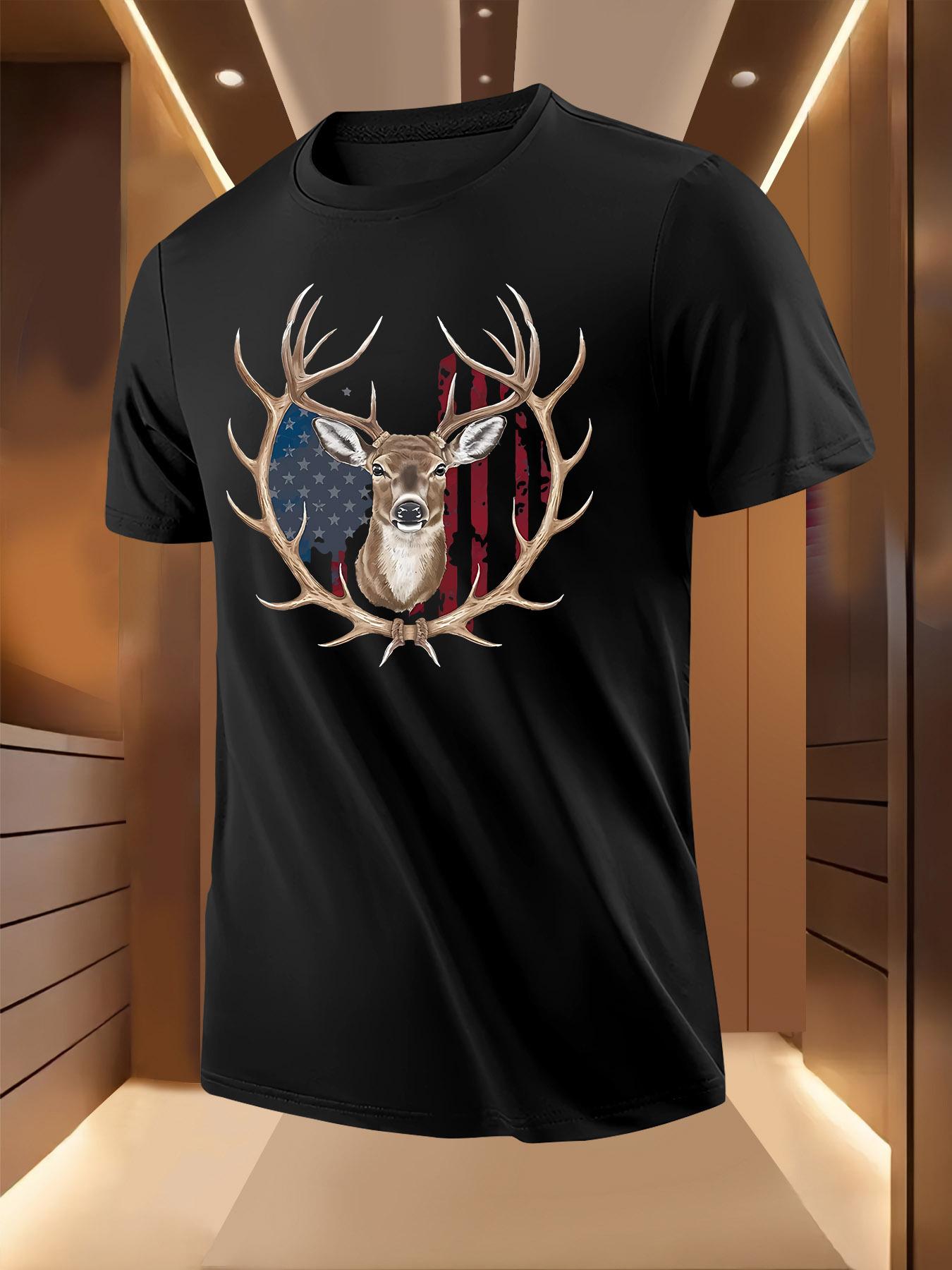 Patriotic Deer head American Flag Tshirt - Light Grey Cas... XL