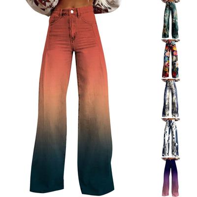 Wide Leg Flare Jeans For Women With Pockets Baggy Pants Vintage Floral Print High Waisted Loose Pant