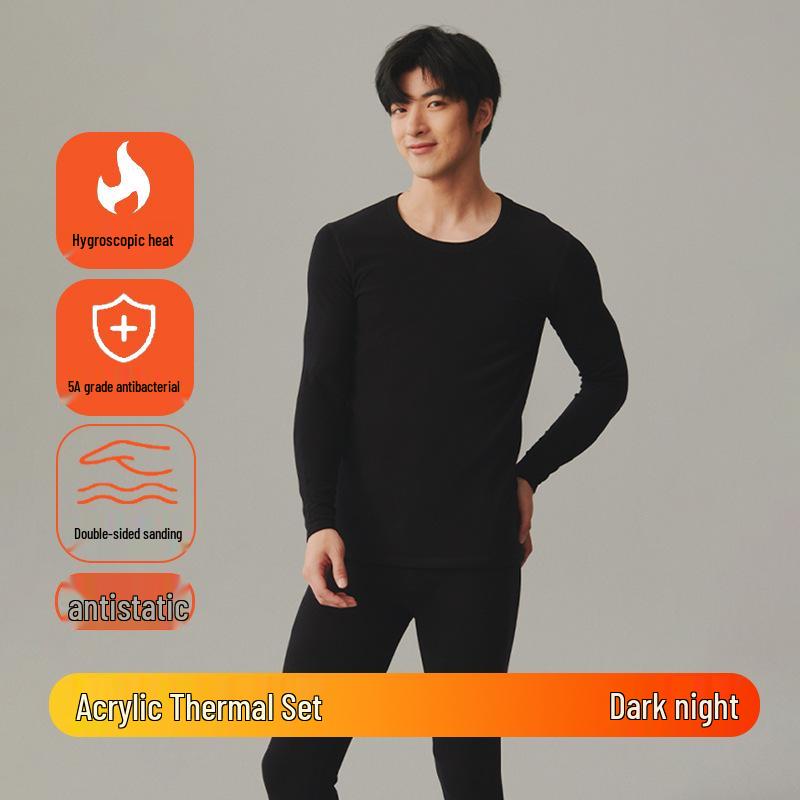 

Men s Thermal Underwear Set: Acrylic Crew Neck, Thickened, Brushed, Antibacterial, Heat-Generating, Slimming Base Layer for Autumn/Winter. Large