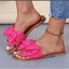 2026 New Flat Bottomed Rhinestone Bow Straight Slippers for Women Wearing Solid Color Lightweight Cloth Surface Sandals