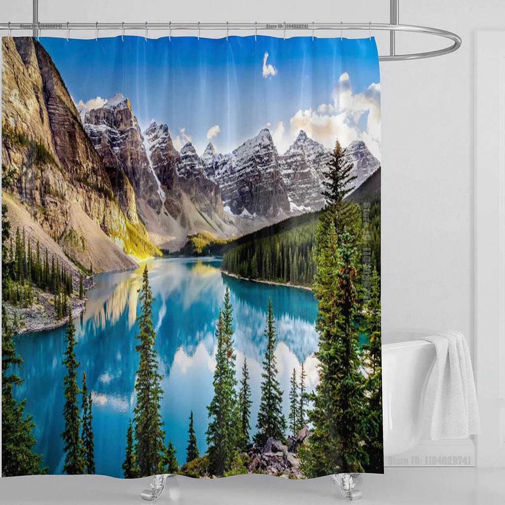 Modern 3D Printing Forest Refreshing Scenery Shower Curtain Waterproof Landscape Green Plant Mountain With Hooks Bathroom Decor