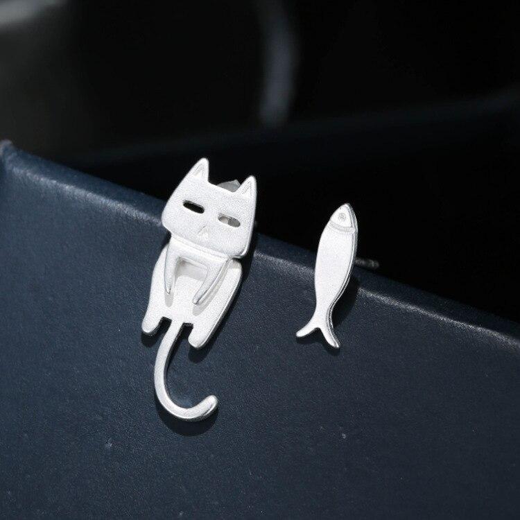 925 Sterling Silver Stud Earrings For Women Cat Fish Animal Silver Ear Jewelry Gifts