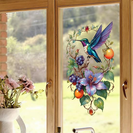 Yousheng Hummingbird Window Clings Spring Bird Flowers Fruits Glass Doors Window Stickers Removable Non Adhesive Static Decals for Home Office