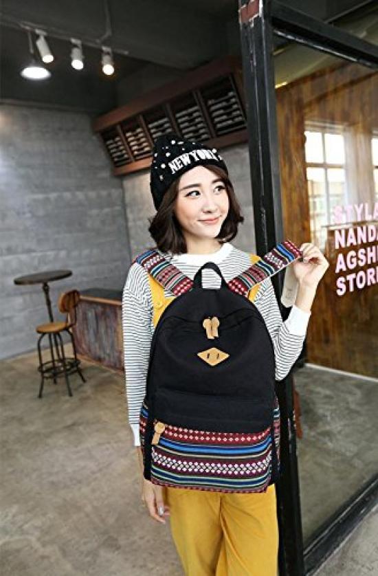 iSmile and Outdoor Perfect for and Casual Black Backpack, Men's Women's, Canvas, Commuting, School, Use,