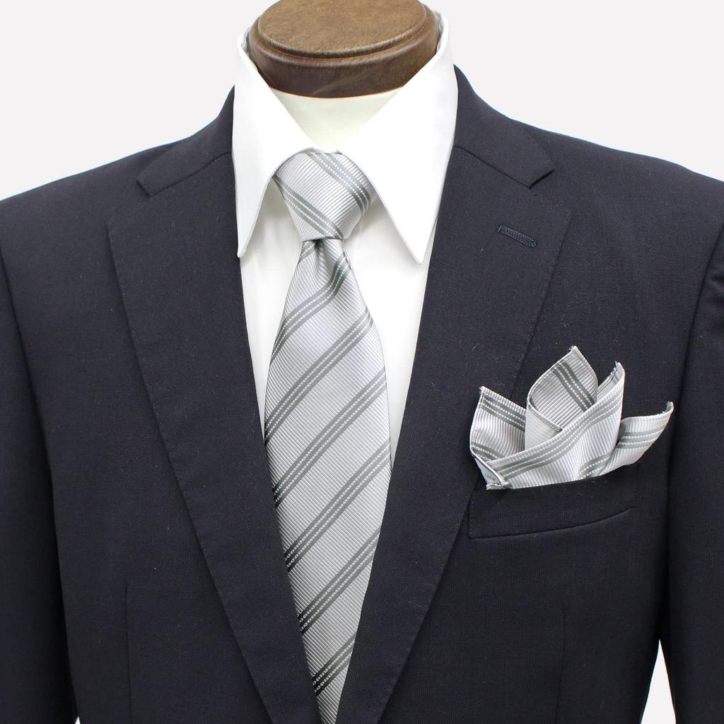 Necktie and Pocket Square Formal Wear for Made in Fujiyama Grand Creer Stripe x Set, Weddings, Silk, Japan, Weave, (Triple Gray)