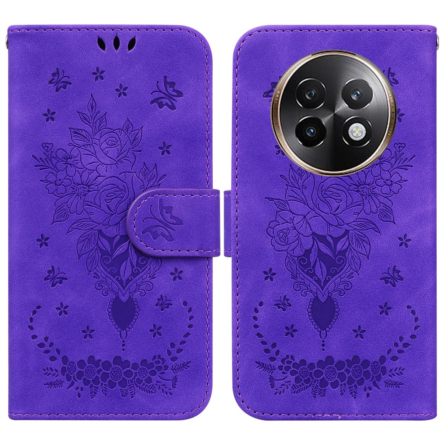 

For Realme 13+ 5G Case PU Leather Wallet Phone Cover Butterfly Flower Imprint Purple