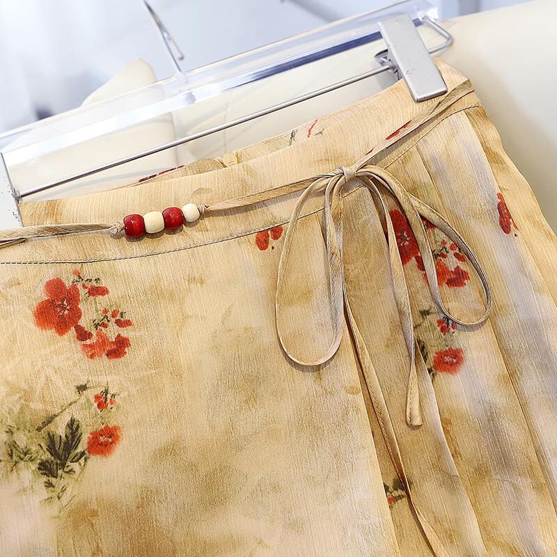 New Chinese Style Floral Pleated Midi Skirt