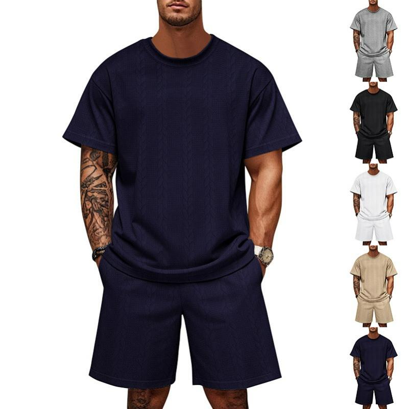 Men's Summer Jacquard Suit, Round Neck, Short-sleeved Shorts, Casual Two-piece Suit
