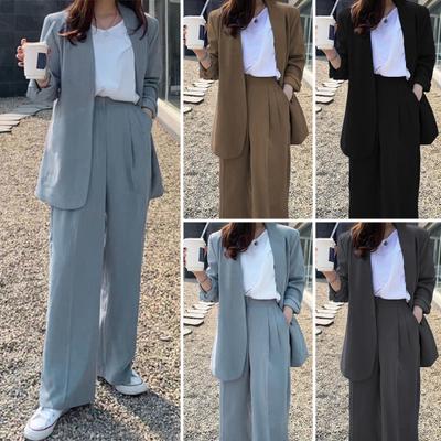 2 Pcs/Set Lady Formal Coat Pants Set Long Sleeves Open Stitch Cardigan Mid Length Jacket Loose Straight Wide Leg