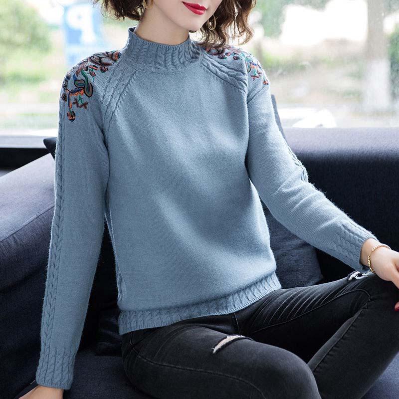 Women's Half High Neck Sweater Autumn and Winter Loose Embroidered Pullover Knitted Sweater
