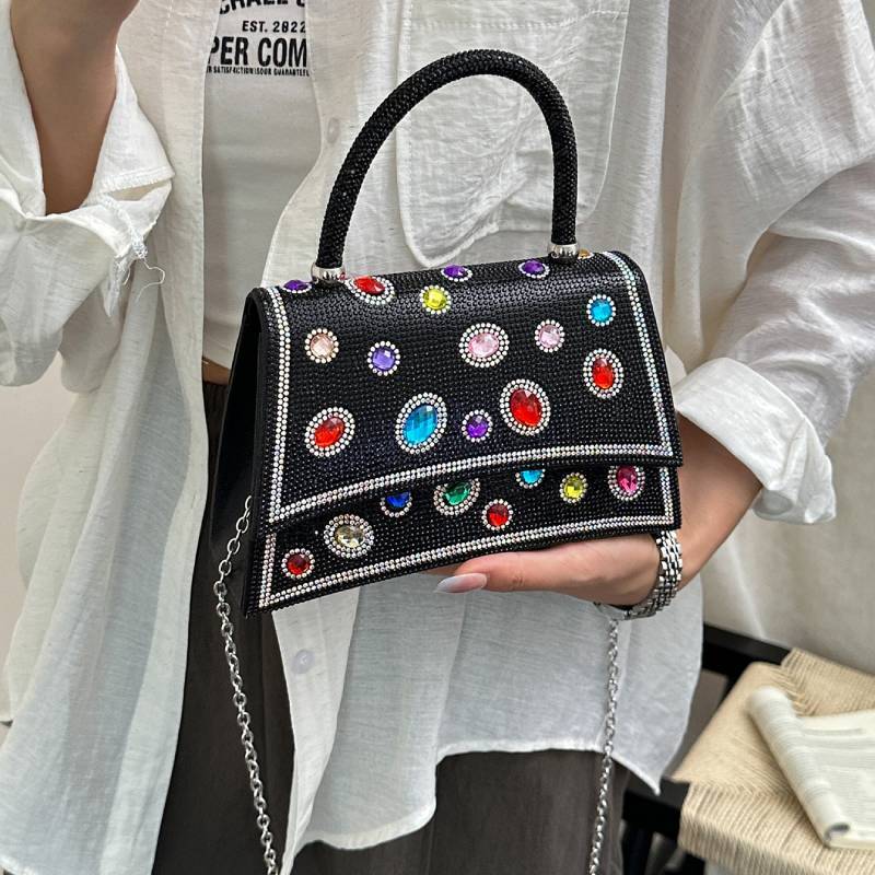 Pu Crystal Embellished Evening Clutch With Chain Strap For Party And Night Out