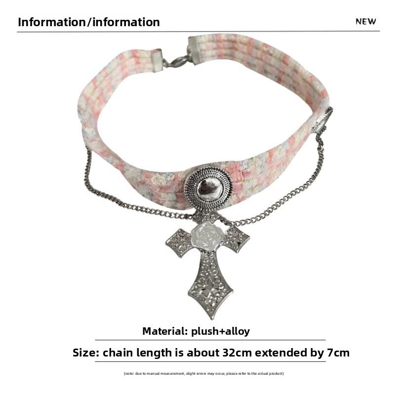 Plush Choker Cross Necklace Female Niche Design Y2k Hot Girl Sweet Cool Necklace