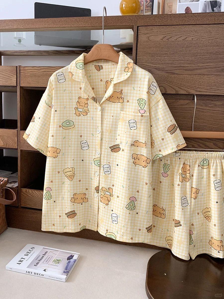 

Japanese soft cute yellow plaid bear pajamas women s summer short-sleeved shorts cardigan set loungewear girl two-piece set S