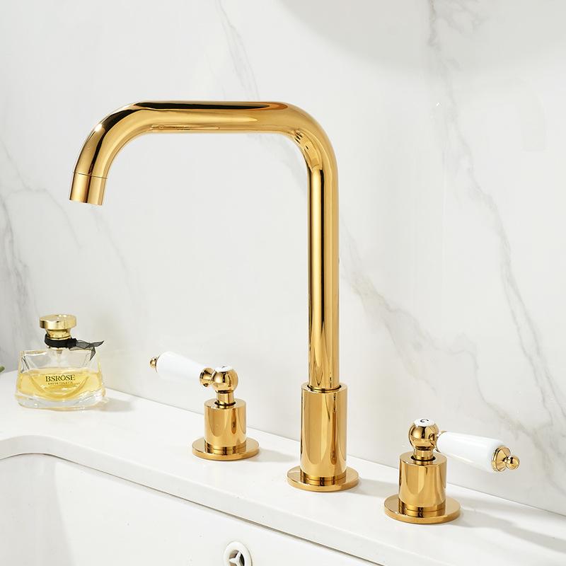 Tuqiu Gold Bathroom Faucet Brass Widespread Basin Faucet Brass Sink Faucet 3 Hole Double Handle Hot & Cold Wash Faucet Water Tap