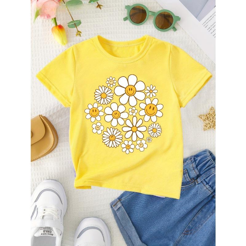 Girl Sunflower Daisy Print Creative Casual Crew Neck T-Shirt Tween Girl Clothes